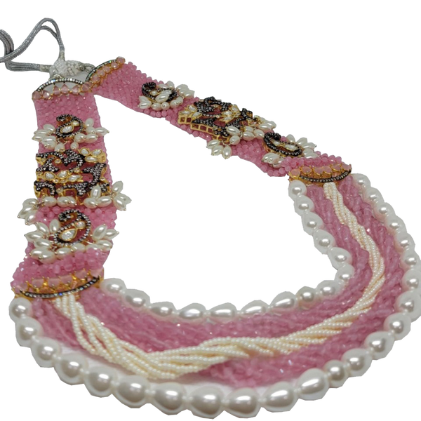 Sangini, Matte finish 3 Layer pearl Long necklace set with Pink beads –